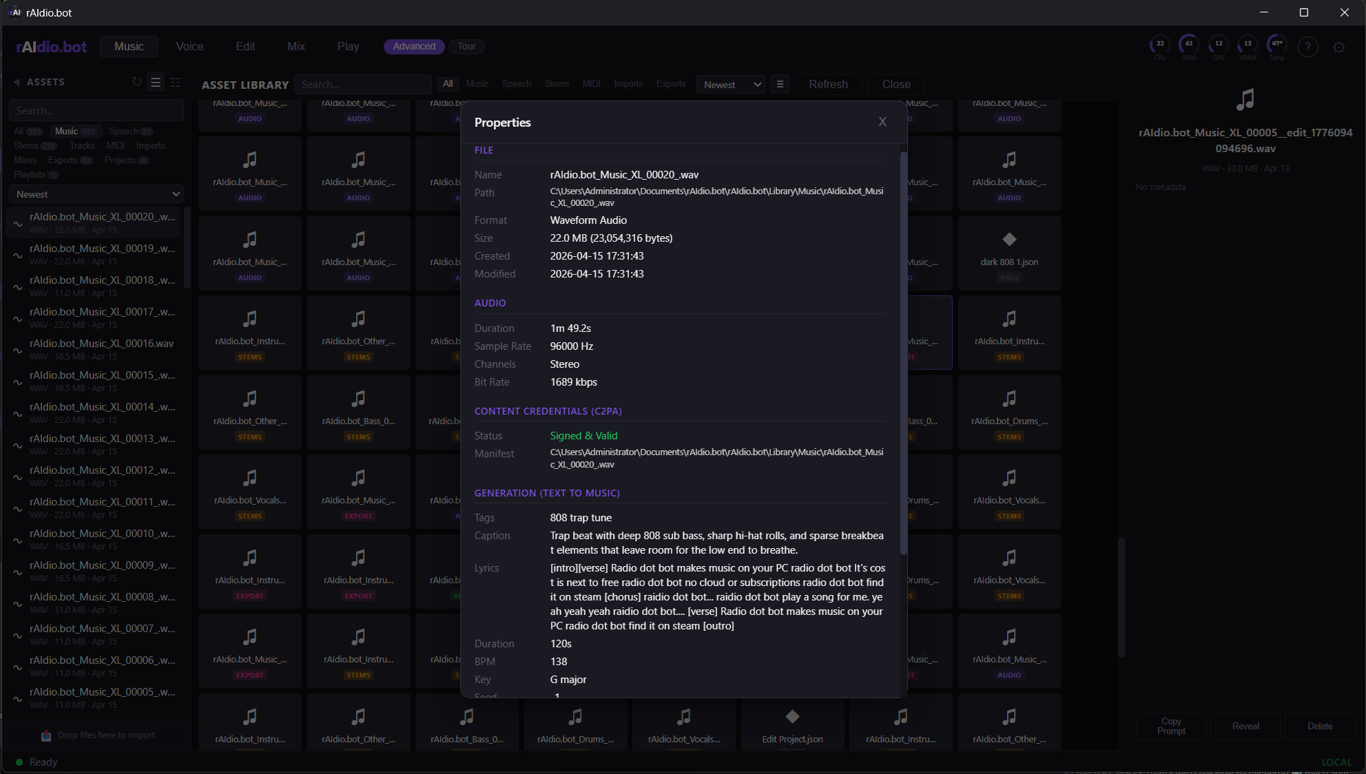 File properties panel showing Content Credentials C2PA status as Signed and Valid, alongside generation metadata: tags, caption, lyrics, BPM, key