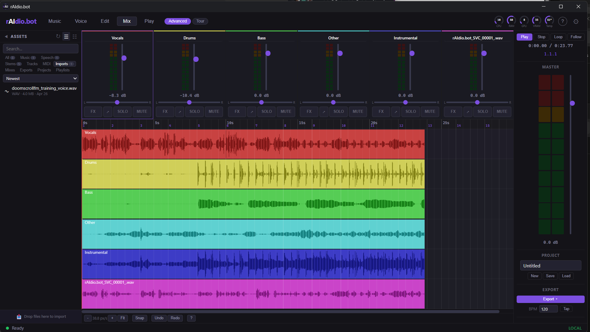 Six-channel mixer with per-channel meters, FX/solo/mute controls, and a master bus with a vertical VU meter
