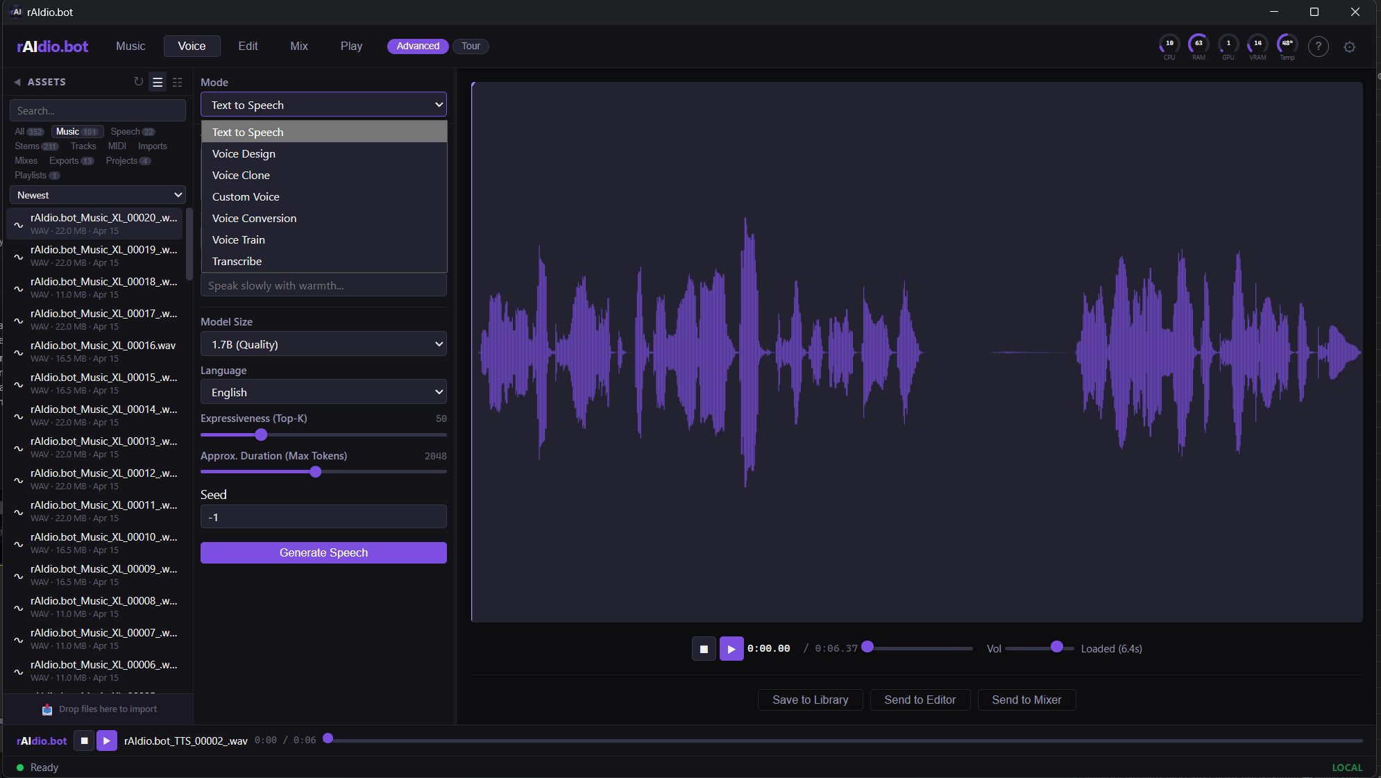 Voice tab with a dropdown showing Text to Speech, Voice Design, Voice Clone, Custom Voice, Voice Conversion, Voice Train, and Transcribe modes, plus a waveform preview