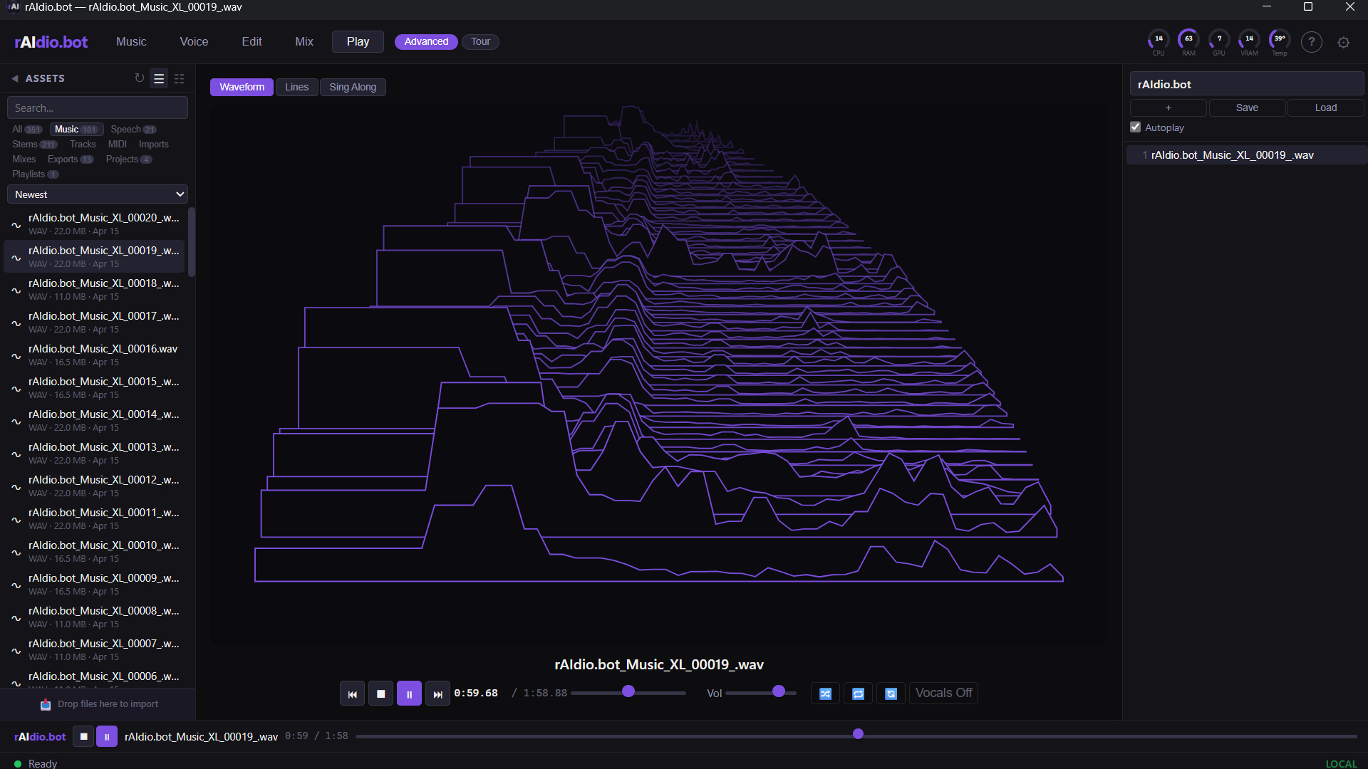 3D waterfall visualization of a song playing, with Waveform, Lines, and Sing Along tabs